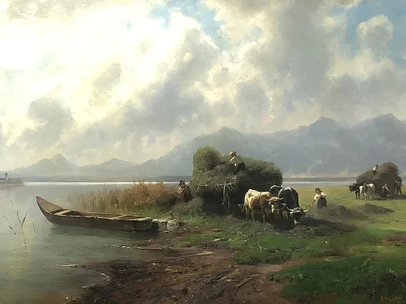 1842-Robert Schietzold - Raccolta del fieno al lago Chiemsee con vista su Fraueninsel (Isola delle Donne).